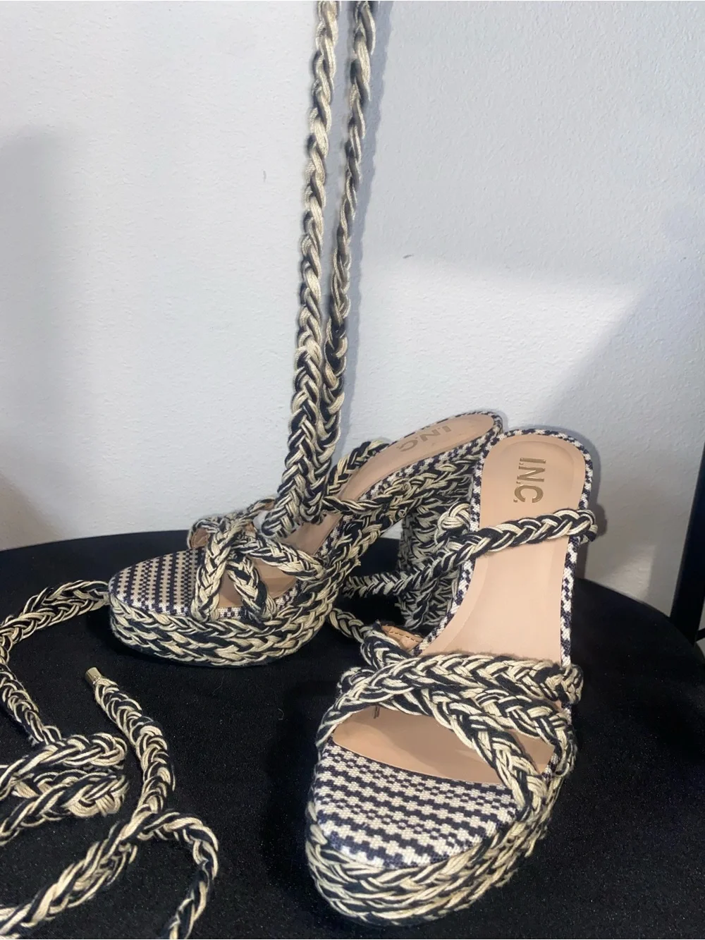 INC International Concepts Black & Cream Braided Platform Heels with Wrap Ties